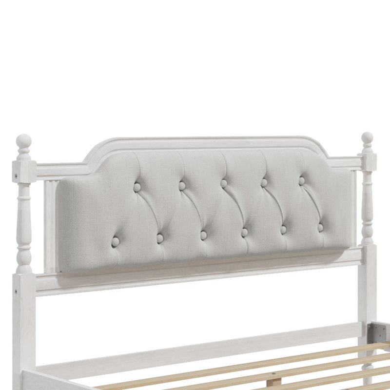 Structure de lit en bois massif de style traditionnel avec tête de lit capitonnée et aucun sommier tapissier requis