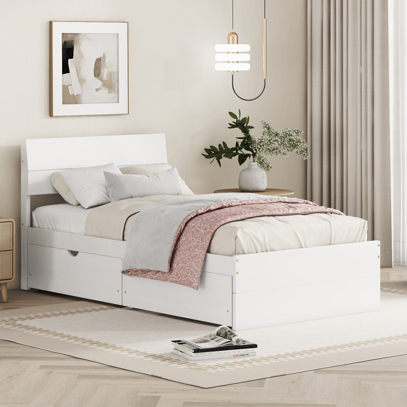 Modern Twin Bed Frame With 2 Drawers High Gloss Headboard and Footboard,Platform Bed, White