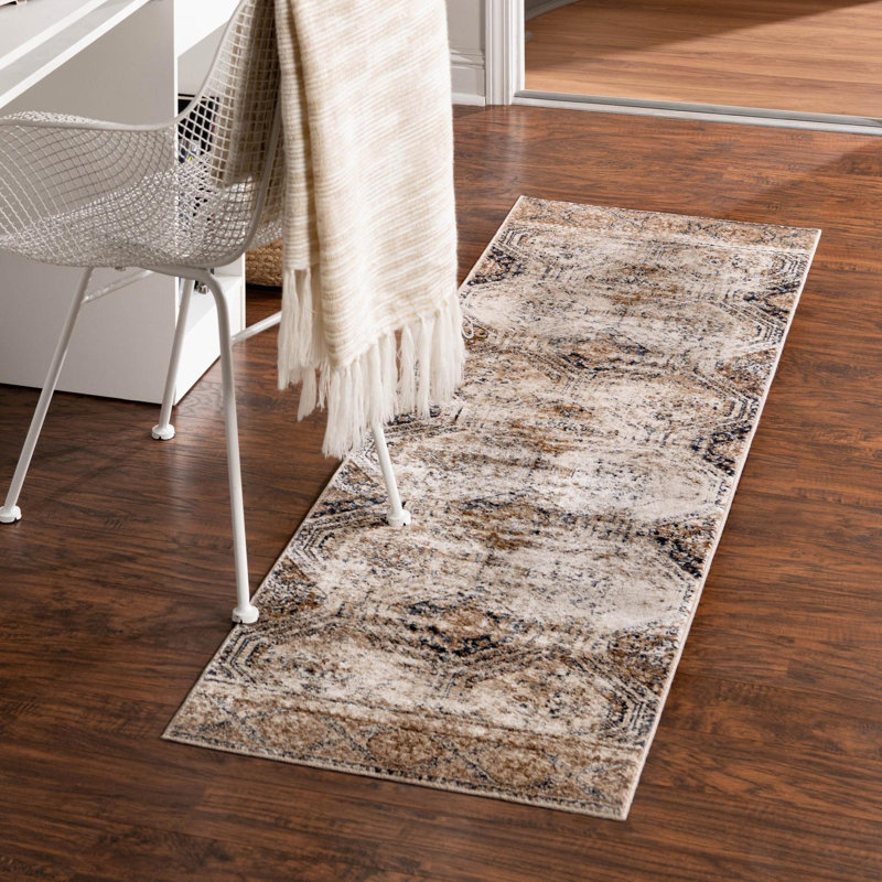 Tapis oriental bleu et beige Coran, Tapis de couloir 3 pi 1 po x 13 pi 1 po