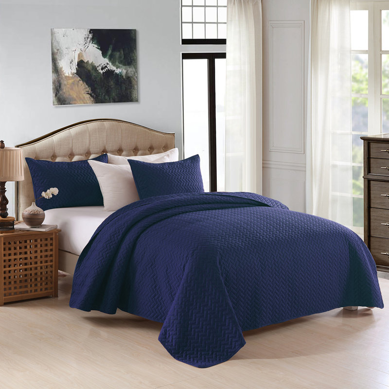 Ensemble de courtepointe en microfibre 3 pièces Mooney, Courtepointe grand + 2 taies d'oreiller, Bleu marine