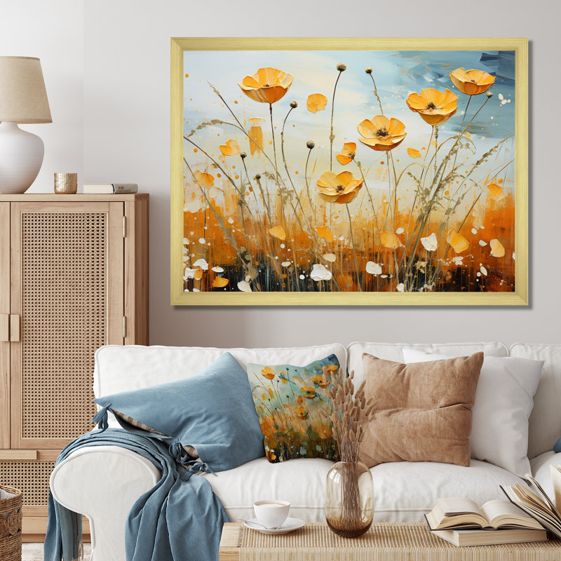 «Maret», jaune, bleu, boutons d'or, pastel, lueur, patchwork I - impression, Encadrement doré, H 24 po x l 32 po x P 1 po
