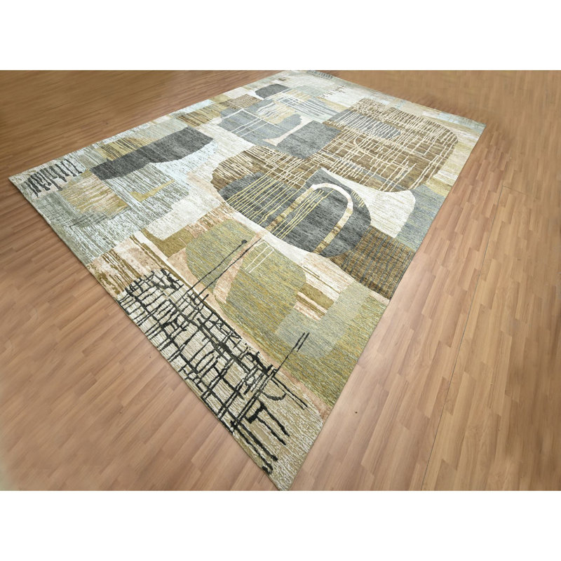 Tapis en laine noué à la main à motif géométrique abstrait gris 10 pi x 14 pi 8CF4912B8EDD4B34B4E6903DBC395DC8