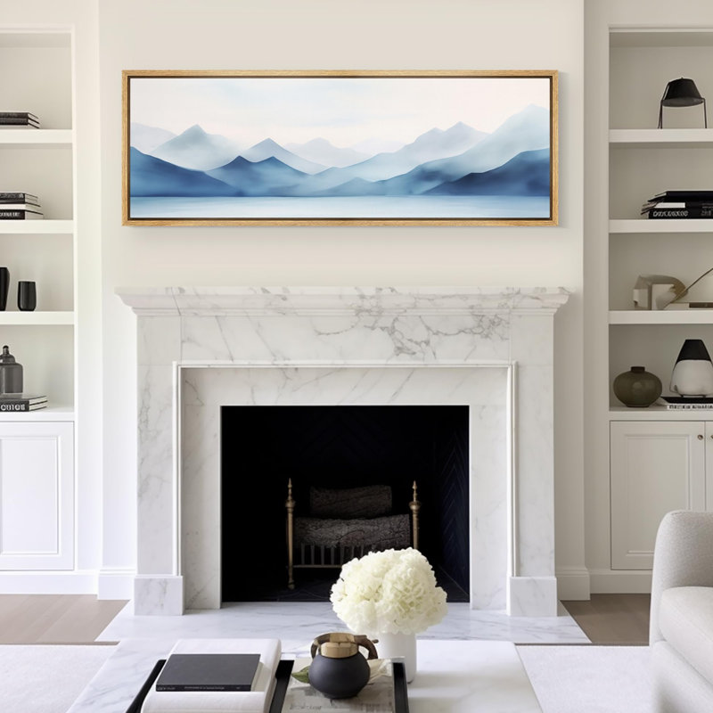«Minimal Landscape Tranquil Hues Soft Blue Mountain Range», reproduction sur toile encadrée, H 20 po x l 60 po, Naturel