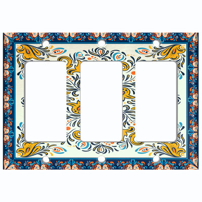 Metal Light Switch Plate Outlet Cover (Bright Teal Elegant Flower Blue Frame Tile  - Triple Rocker)