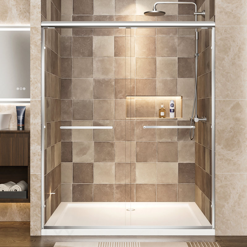 Aluminum Frame Material Double Sliding Opening Shower Door  - 1/4" (6Mm) Clear Tempered Glass With Explosion-Proof Film, Dual Stainless Steel Handles