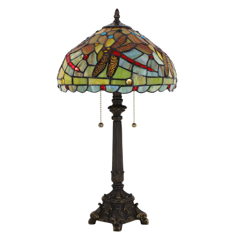 Tiffany Table Lamp Green Red Stained Glass Desk Lamp 12X12X21 Inches Dragonfly Style Reading Light