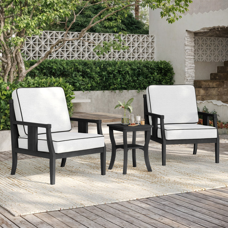 Chaffins Teak Outdoor Two-Person Patio Set With Cushions And Side Table, Beige, Black