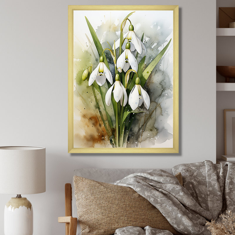 Morning Hush Snowdrops In Silent White III - Snowdrops, art mural, Cadre doré simple, H 32 po x l 24 po x P 1 po
