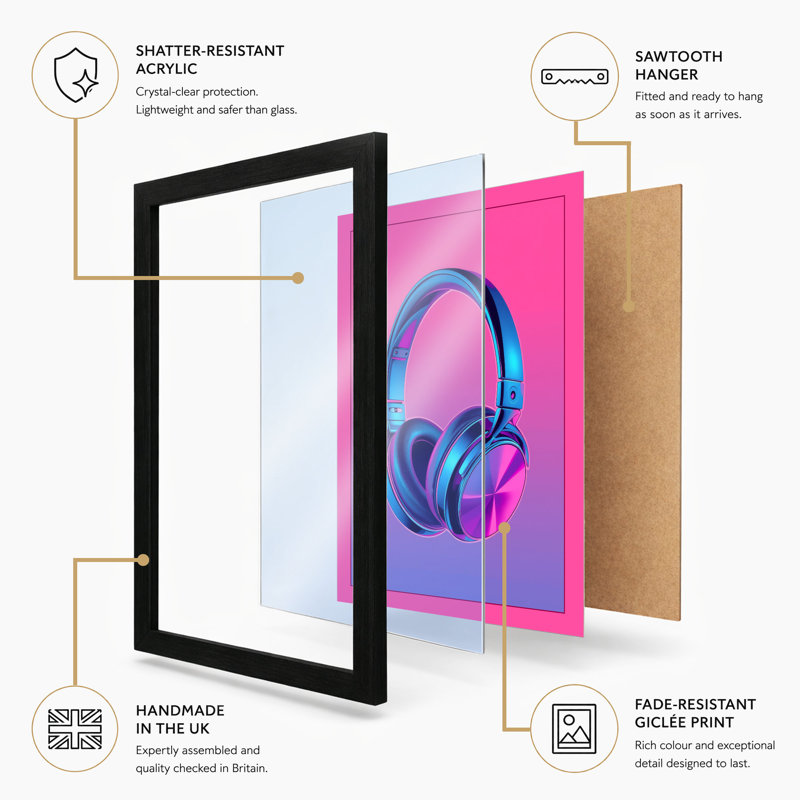 Neon Headphones Modern - Framed Print, A4 - 29.7 x 21.0 cm, White