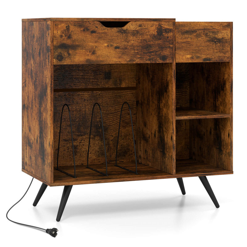 Record Player Stand With Power Outlet, Drawer, Removable Divider Industrial Turntable Display Stand