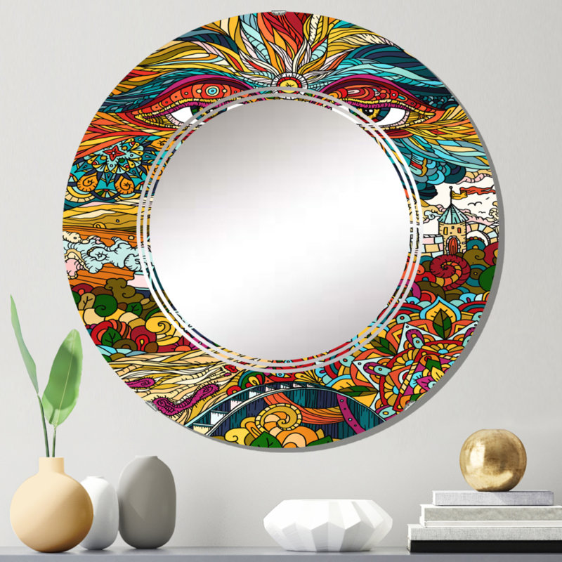 Buddhist Symbol Wall Mirror, Bohemian & Eclectic - Buddhist Symbol Eyes Of The All Seeing God, 24" x 24"