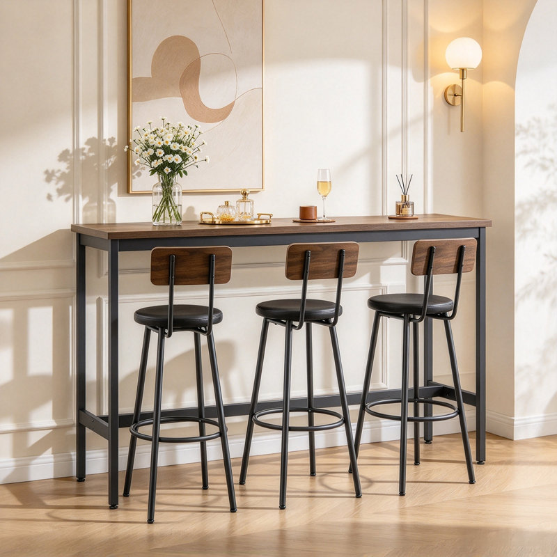 Ensemble de table de bar et chaises pour 3, ensemble de table de salle à manger industriel 4 pièces avec 3 tabourets de bar rembourrés en polyuréthane, ensemble de table de bar pour cuisine, salle à manger, salon, bar, café, coin petit espace, brun 