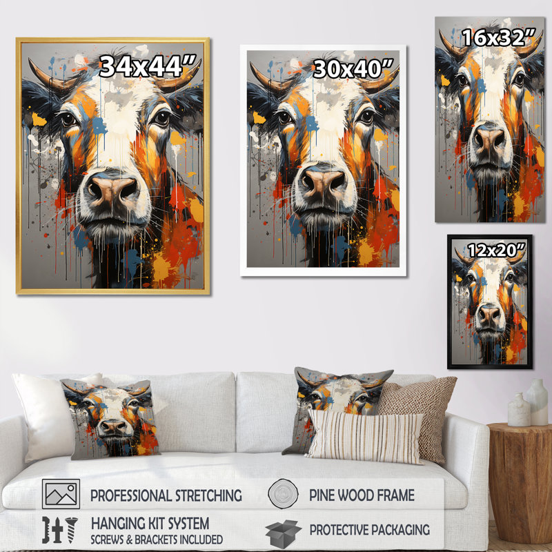 Popart Urban Cow I, reproduction d'art sur toile, H 32 po x l 24 po x P 1 po, Cadre simple noir
