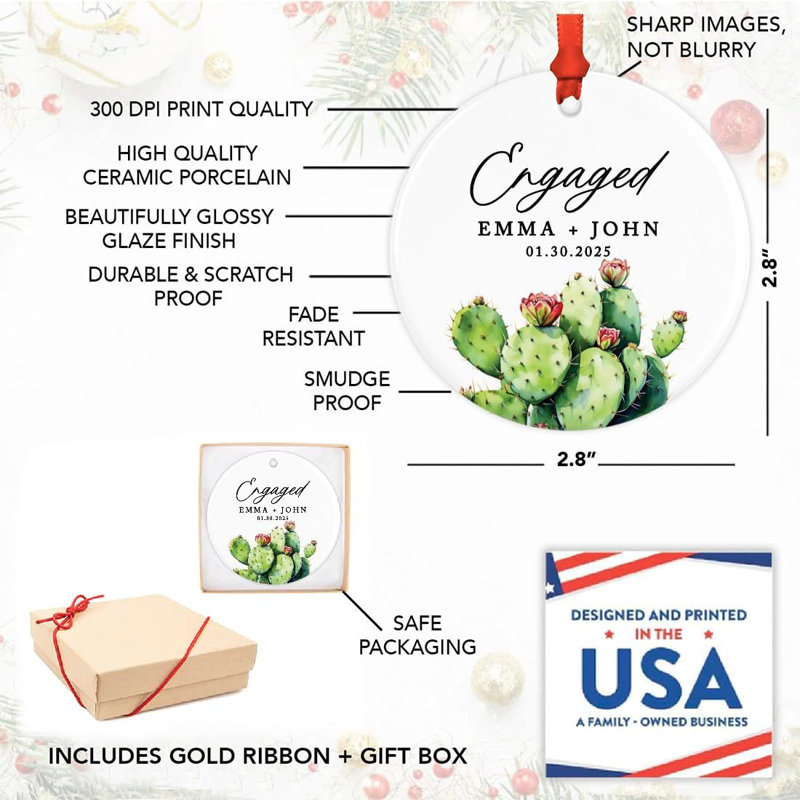 Ornement de Noël en cactus en céramique sur mesure, décor de fête des fêtes, cadeau de fiançailles pour les couples, Oui