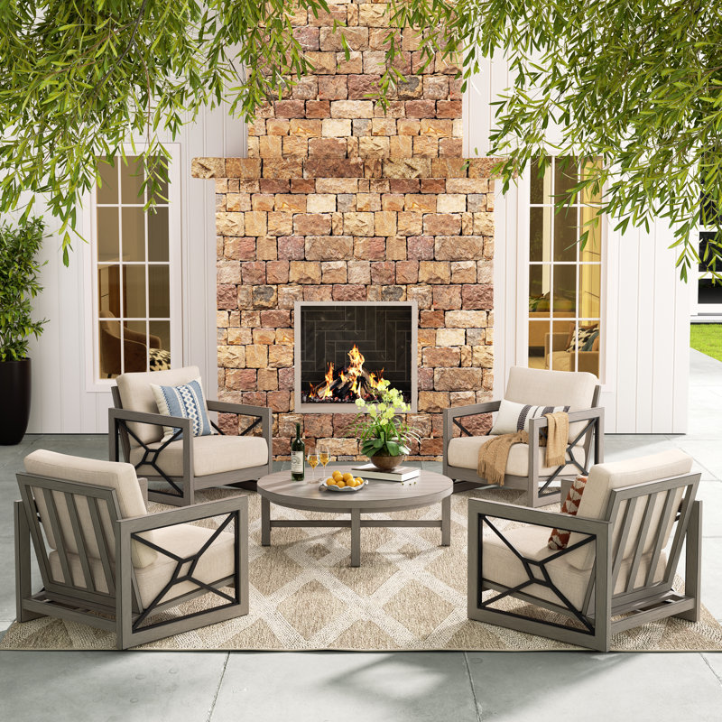 Marindo 4 Person Aluminum Patio Conversation Set With Round Coffee Table And Sunbrella® Cushions