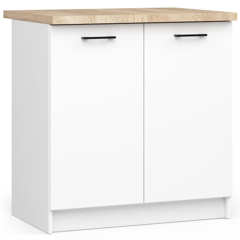 The kitchen base cabinet is white, 85cm H x 80cm W x 46cm D