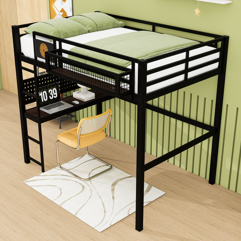 Metal Loft Bed Frame with Built-In Desk, Charging Station, Clock and Storage Basket, Lit double