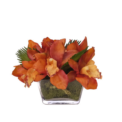 Orchid Cymbidium, Orange, Glass Square, 10wx10dx7h