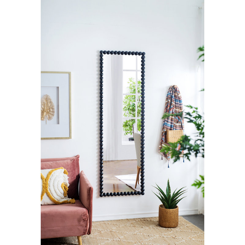Full Length Mirror With Metal Beaded Frame, Rectangular Oversized Mirror For Living Room Bedroom, Black