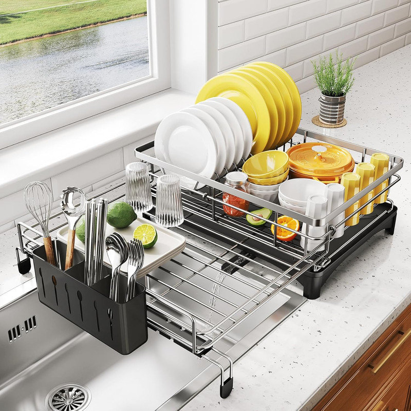 Large Silver Extendable Metal Dish Drying Rack with Utensil Holder