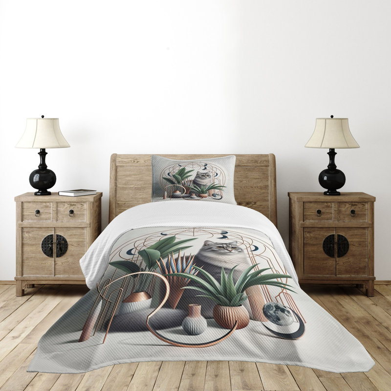 Gray Microfiber Twin Bedspread Set with Cat Design