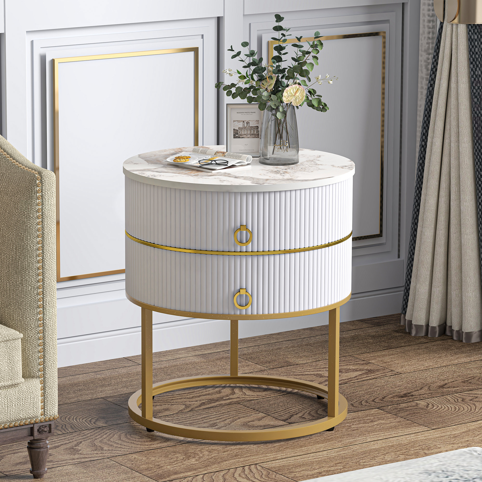 Wrightsville 21.85 Tall 2 - Drawer End Table Willa Arlo Interiors Color: White, Table Base Color: Gold