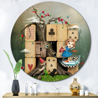Alice In Wonderland Cardhouse " 'Alice In Wonderland Card House' Children's Art Metal Circle Wall Art " Color Photography Print