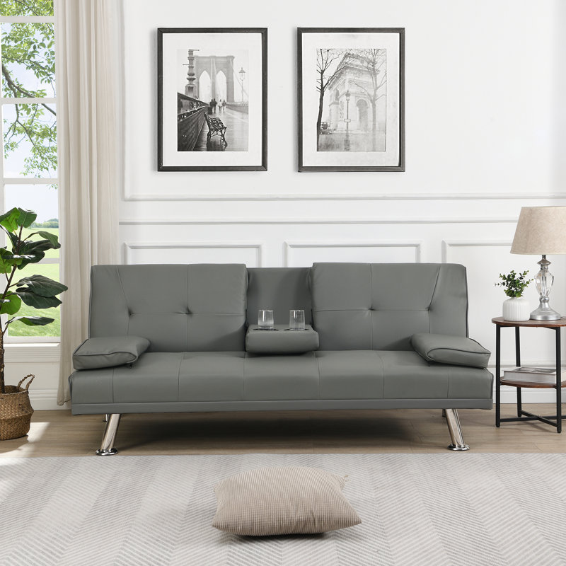 Sofa Bed With Armrest Two Holders WOOD FRAME, STAINLESS LEG, Gray