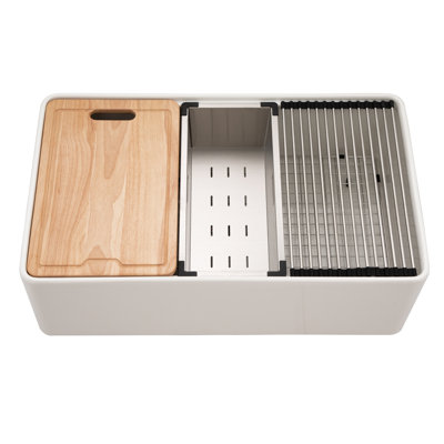 Évier de poste de travail à cuve simple en argile réfractaire 33 po avec accessoires Houzer - PTW-3320S WH