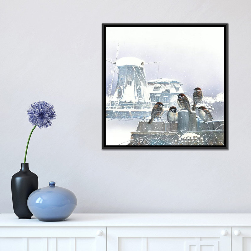 «Birdies and Windmill», impression sur toile, H 18 po x l 18 po x P 1,5 po, Toile encadrée noire, Pas de tapis
