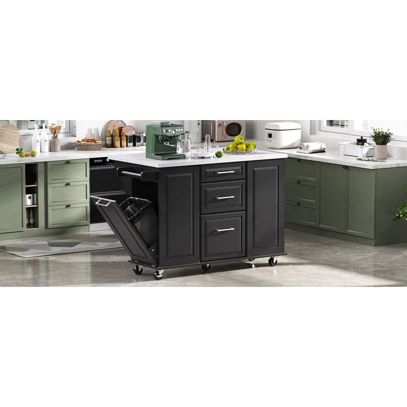 Îlot de cuisine 50,7 po avec rangement pour armoire à ordures basculante et organisateur d'armoire escamotable, Noir