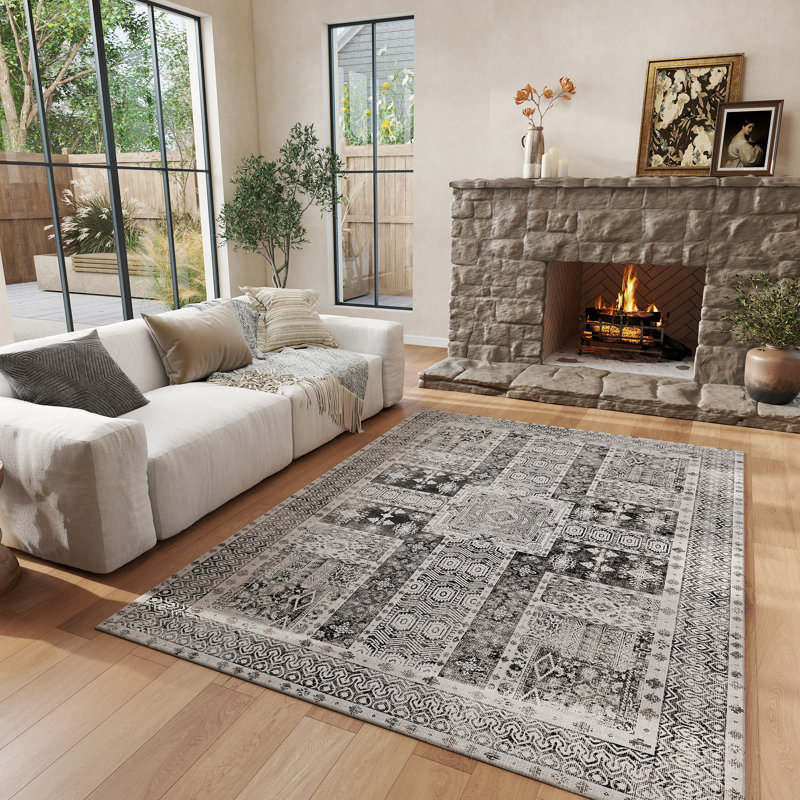 Living Room Rug 4x6 ft Grey Area Rug Machine Washable Rug, Non Slip Vintage Rug Stain Resistant Indoor Large Carpet for Bedroom, Boho Rug, Distressed Retro Floor Rug for Classroom, Dorm, Dining Room