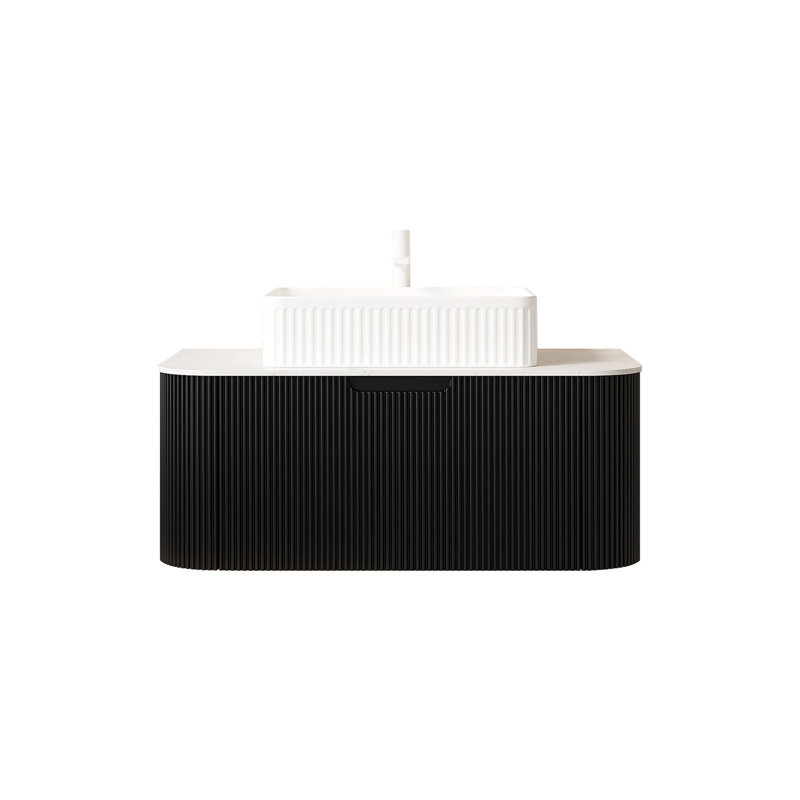Meuble-lavabo de salle de bain avec lavabo, armoire de rangement de salle de bain flottante à bords arrondis avec tiroir, lavabo rectangulaire en céramique blanche, sans robinet, pré-assemblé