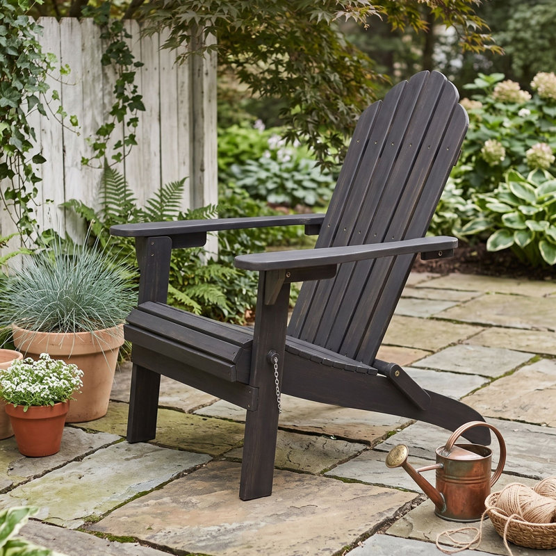 Chaise Adirondack pliable en bois d'acacia avec siège à lattes, accoudoirs droits et dossier incliné pour terrasse, DARK GREY