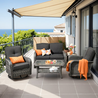 Ensemble de conversation pour 4 personnes avec chaises berçantes pivotantes, ensemble de conversation en rotin avec coussins pour l'extérieur, ensemble de conversation avec canapé toutes saisons avec table de bout pour la cour arrière