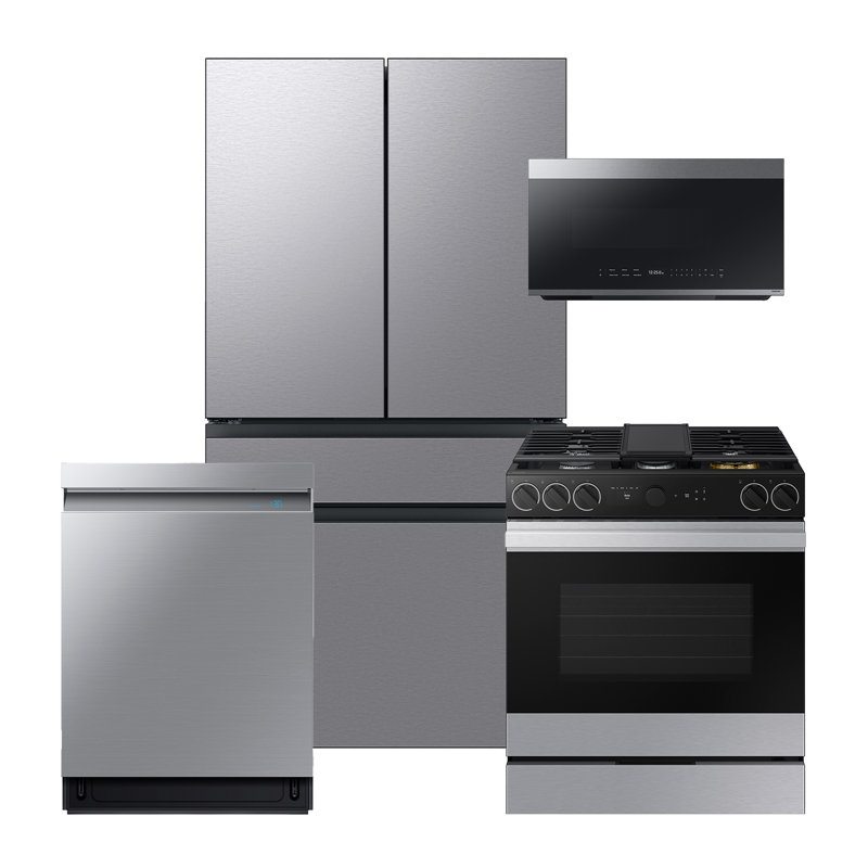 Samsung Bespoke Stainless Steel Counter Depth Kitchen Package with 23 cu. ft. 4-Door French Door Refrigerator with Beverage Center and Gas Range
