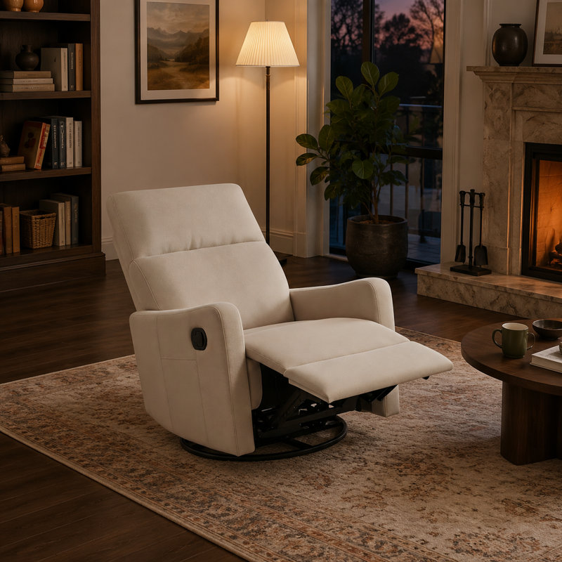 Fauteuil inclinable manuel pivotant à 360° et à bascule, en tissu capitonné, brun, idéal pour une chambre d'enfant ou un salon.