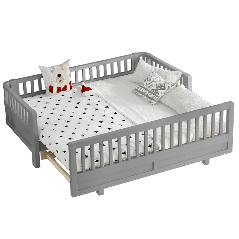 Twin Size Solid Wood Platform Bed with Guardrails, Convertible Double Twin Bed Frame for Kids & Guests,Grey, Gray