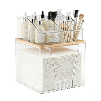 Porte-serviettes jetable et organisateur de maquillage, rangement transparent avec couvercle en bambou compatible avec une peau propre, organisateur de meuble-lavabo pour comptoir de salle de bain (transparent)