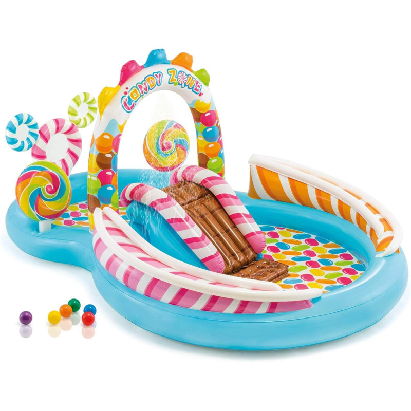 Candy Zone Inflatable Kiddie Pool: Inflatable Kids Pool With Water Sprayer And Slide – Splash Pad