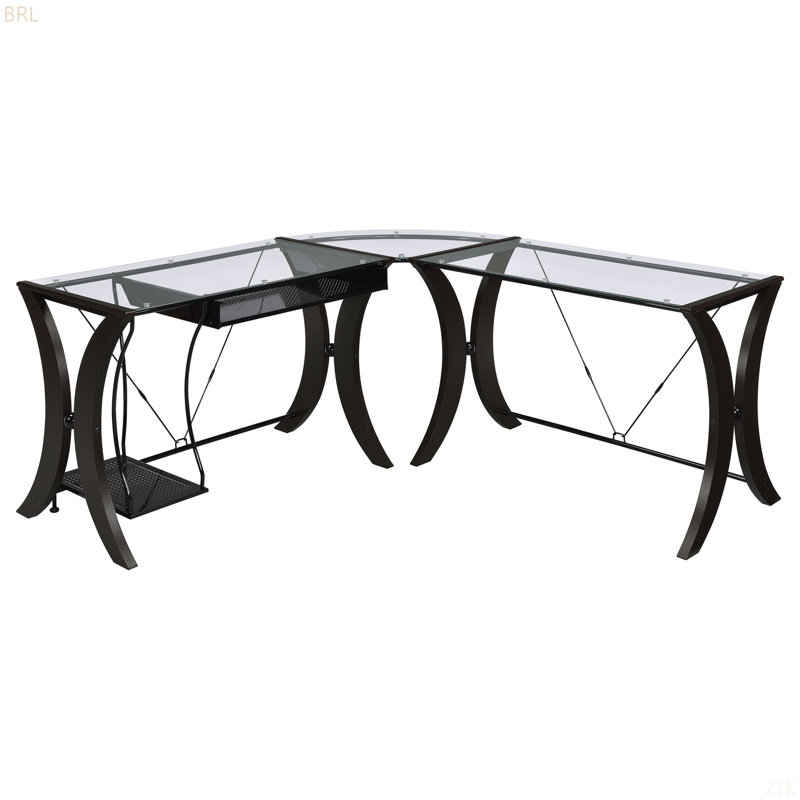 Bureau d'ordinateur en L avec plateau en verre