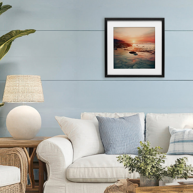 Coucher de soleil sur la mer, mélodie imprimée sous verre, design par Lazar Studio, H 16 po x l 16 po, Cadre noir minuit