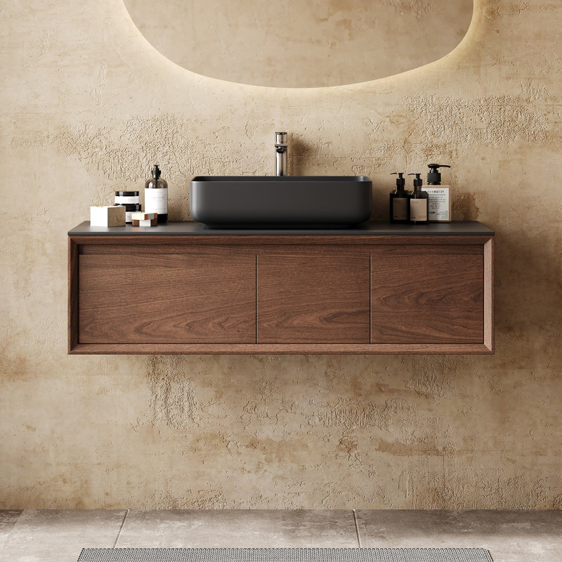 48'' Single Bathroom Brown Vanity with Black Stone Top, Multi-layer Solid Wood Floating Bathroom Vanity with One Drawer and One Cabinet