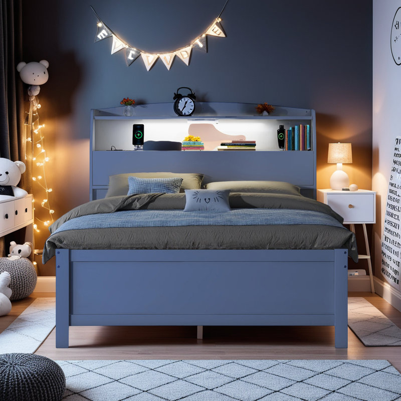 Wood Storage Platform Bed with LED Headboard, USB Charging Ports, Trundle Bed & Drawers, White, Full / Double
