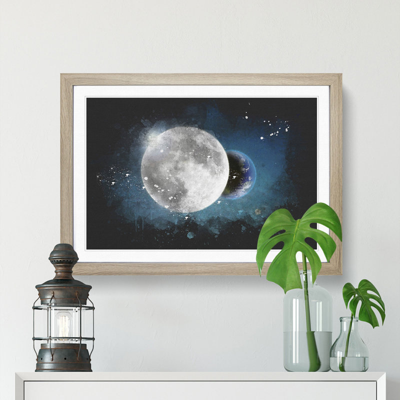 Earth Behind The Moon Paint Splash - Framed Print, 62cm H x 87cm W x 2cm D, Oak Framed