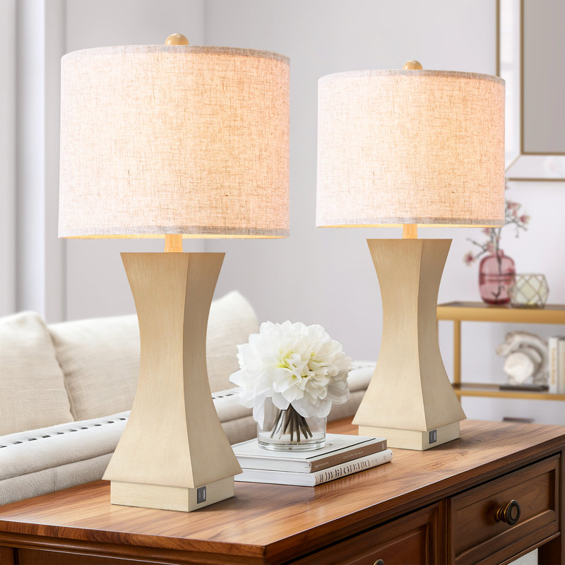 24.5'' Modern Dimmable Resin Table Lamp with USB Port for Living Room/Bedroom, Beige