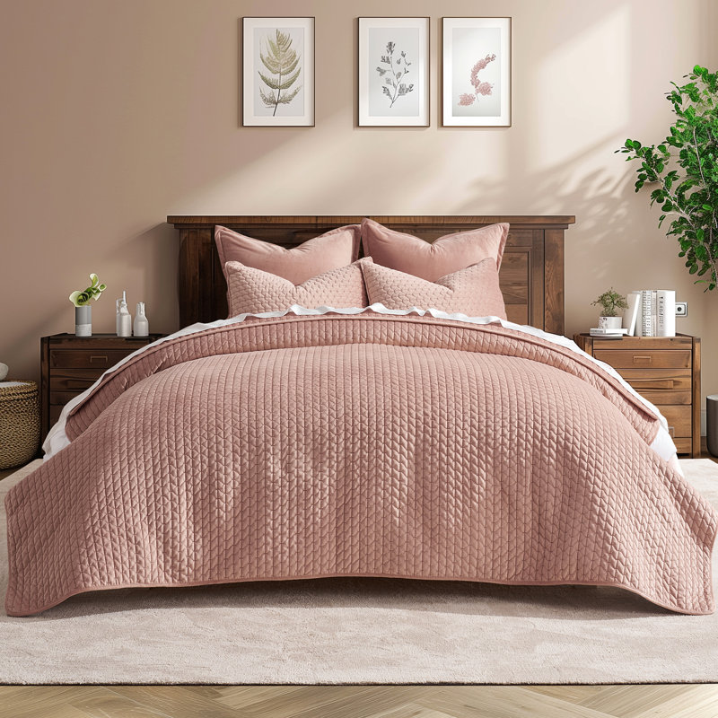 Cross-Stitch Velvet Quilt Set 3 Pieces, Queen, Light Taupe