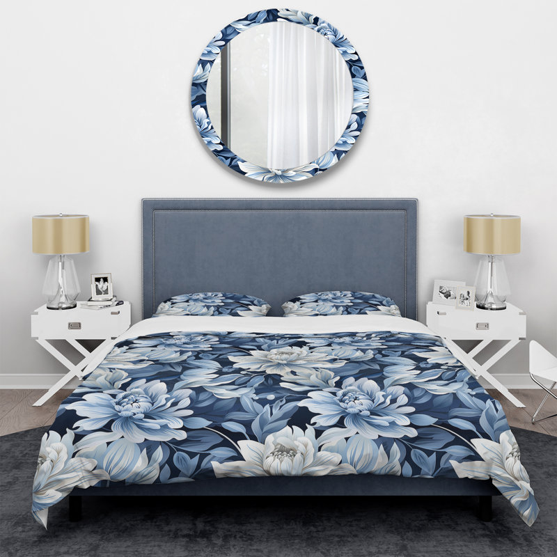 Fleurs de damas bleues et blanches - Ensemble de housse de couette floral - Microfibre de polyester