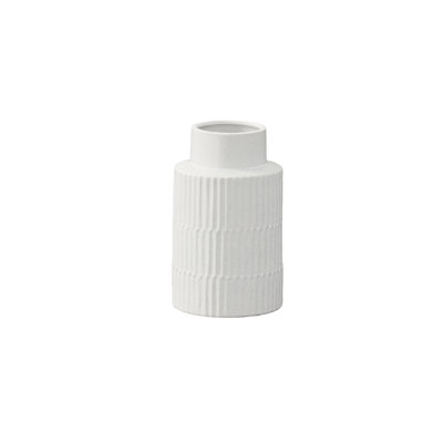 Vase rond en céramique avec grande ouverture, colonne symétrique estampée et corps moucheté blanc brillant SM