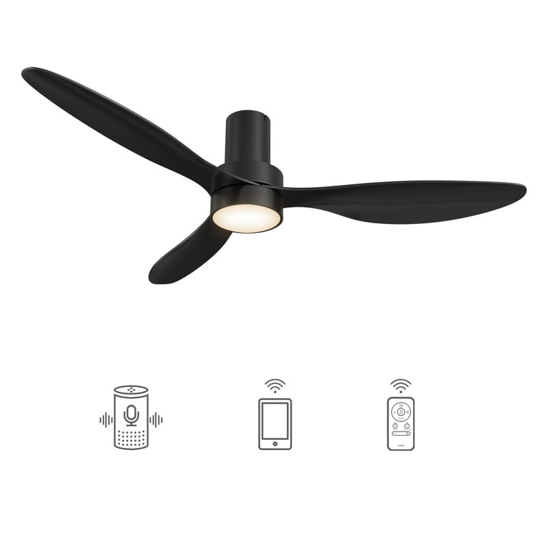 Smart 52" Black 3 Blades LED Flush Mount Ceiling Fan with Remote Control, Black
